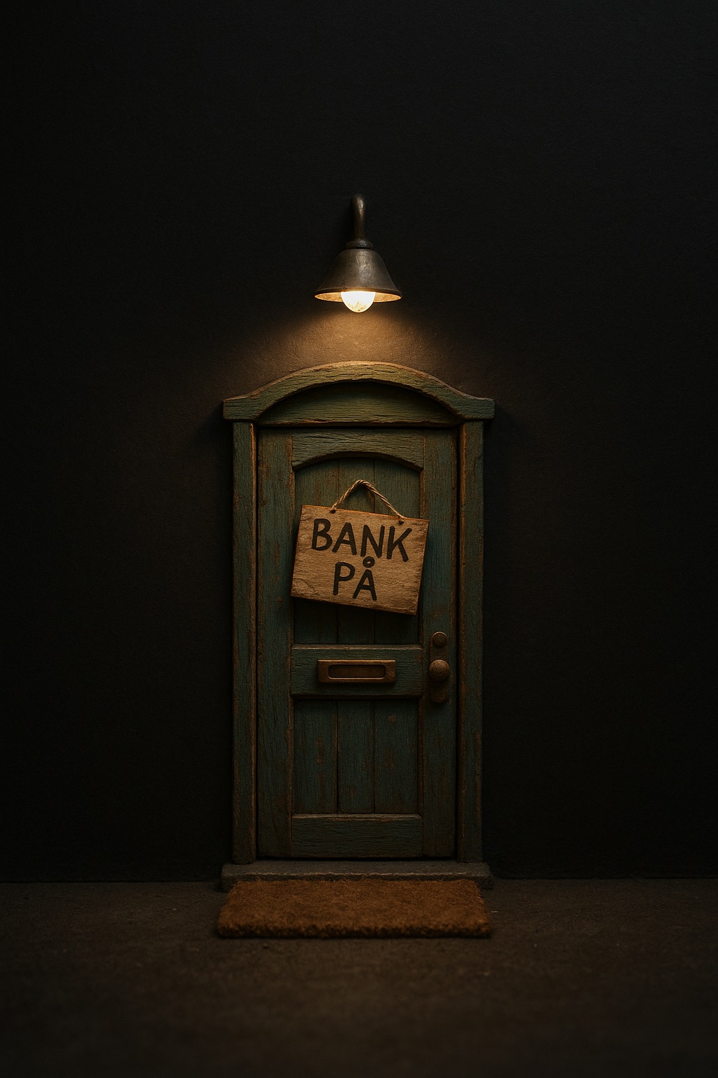 Ei dør i mørket. Skiltet sier: bank på.